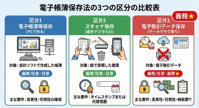 電子帳簿保存法の３つの区分の比較表