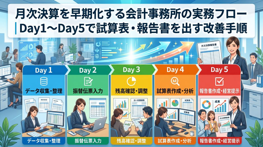 月次決算を早期化する会計事務所の実務フロー｜Day1〜Day5で試算表・報告書を出す改善手順